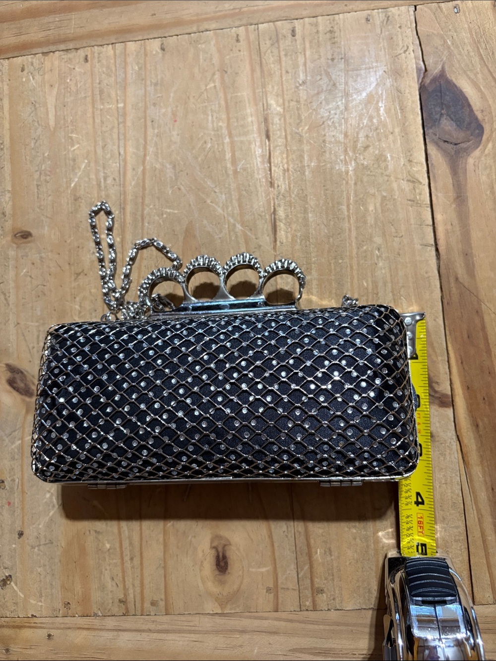 Black “Rachel” Rhinestone Knuckle-Handle Evening Clutch with Chain - Picture 5 of 6